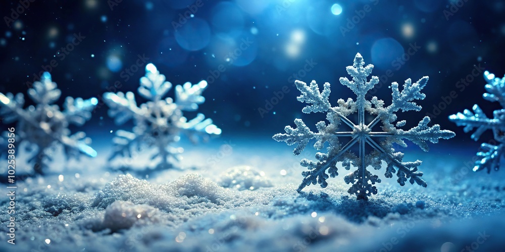 Christmas snowflakes on snowy ground with dark blue background close-up Christmas snowflakes on snowy ground with dark blue background close-up