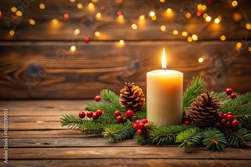 Christmas themed decorative candle on wooden table