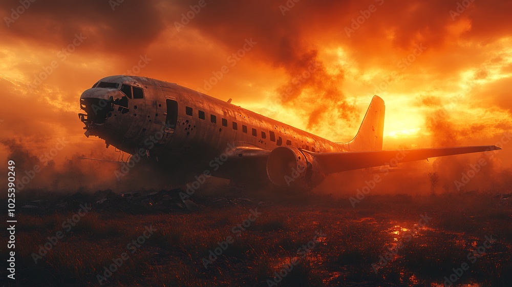 passenger aeroplane flying over a war zone with a warm color temperature and large depth of field capturing passenger aeroplane flying over a war zone with a warm color temperature and large depth of field capturing