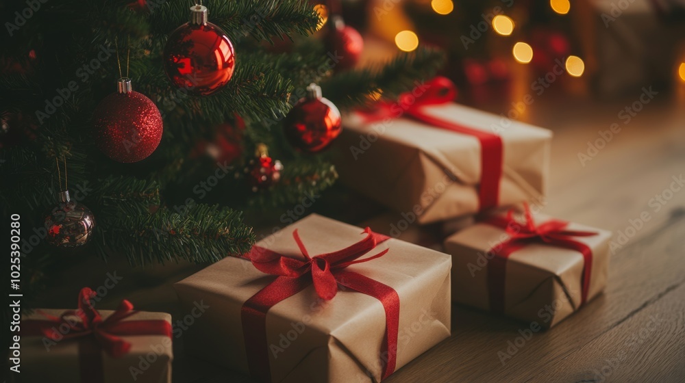 Festive wrapped gifts adorned with red ribbons beneath a beautifully decorated Christmas tree in a warm holiday atmosphere Festive wrapped gifts adorned with red ribbons beneath a beautifully decorated Christmas tree in a warm holiday atmosphere
