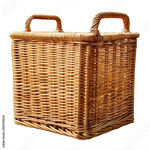 Stylish wicker basket isolated on white background