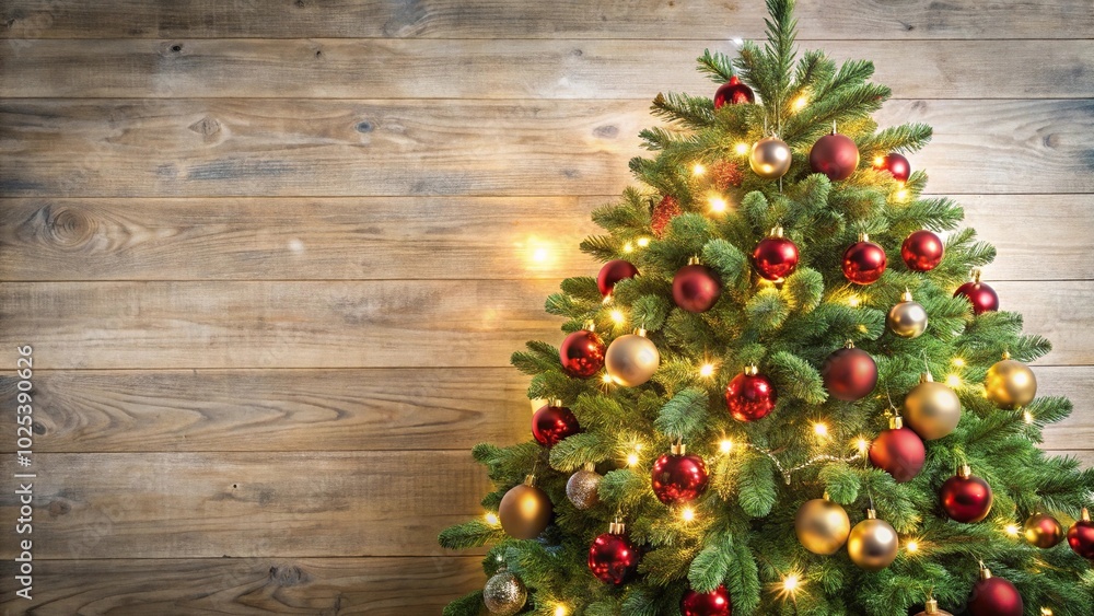 Christmas tree with empty space beside it, decorated with lights and ornaments Christmas tree with empty space beside it, decorated with lights and ornaments