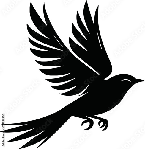 Black vector artwork illustration of a flying robin bird silhouette, capturing the graceful motion and elegance of this avian in a simple yet striking design.