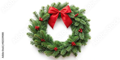 Christmas wreath with red ribbon isolated on white background