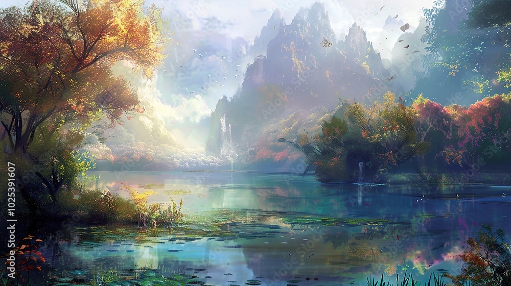 Enchanted Lake: A Dreamlike Landscape Painting Enchanted Lake: A Dreamlike Landscape Painting