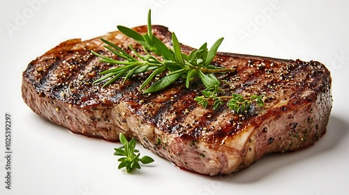 A perfectly grilled steak with rosemary and thyme sprigs.