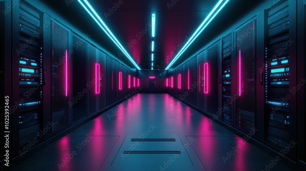 Neon-lit Server Room Corridor with Black Cabinets Neon-lit Server Room Corridor with Black Cabinets