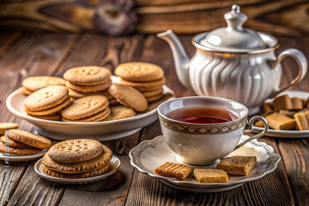 Classical served tea table with biscuits Extreme Close-Up Classical served tea table with biscuits Extreme Close-Up