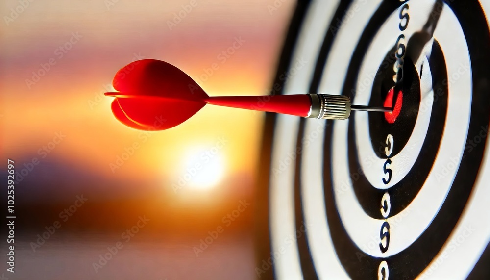 Close-Up of a Dart Hitting the Bullseye on a Target with a Sunset Background Close-Up of a Dart Hitting the Bullseye on a Target with a Sunset Background