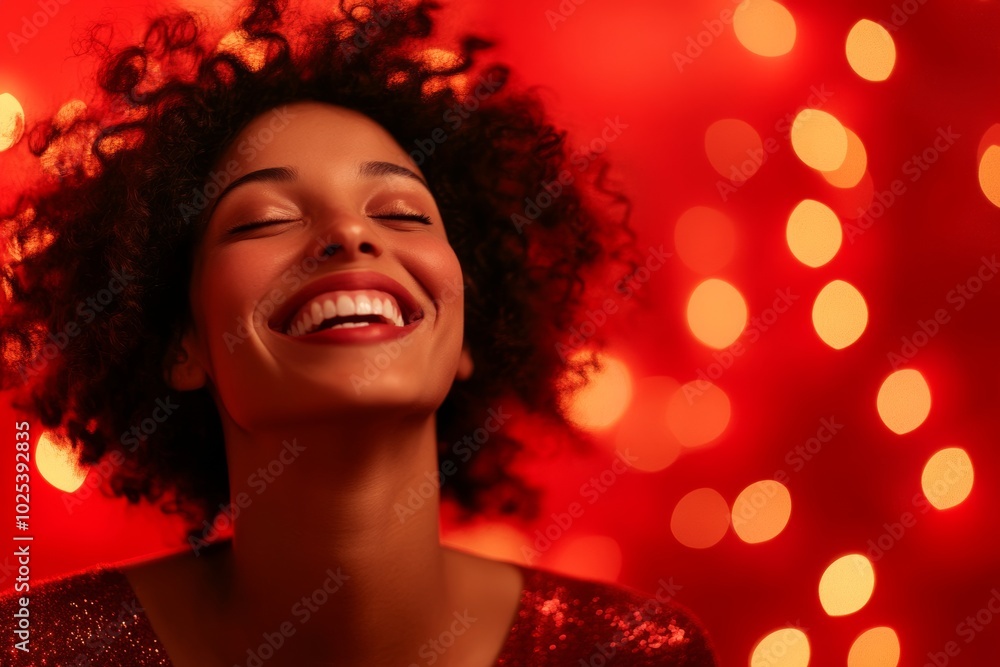 Joyful woman laughing against a red background, radiating happiness during a festive moment filled with soft, warm lighting Joyful woman laughing against a red background, radiating happiness during a festive moment filled with soft, warm lighting