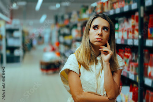 Fotografie Undecided Customer Thinking What to Buy in Supermarket