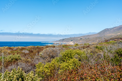 countryside with mountains and ocean