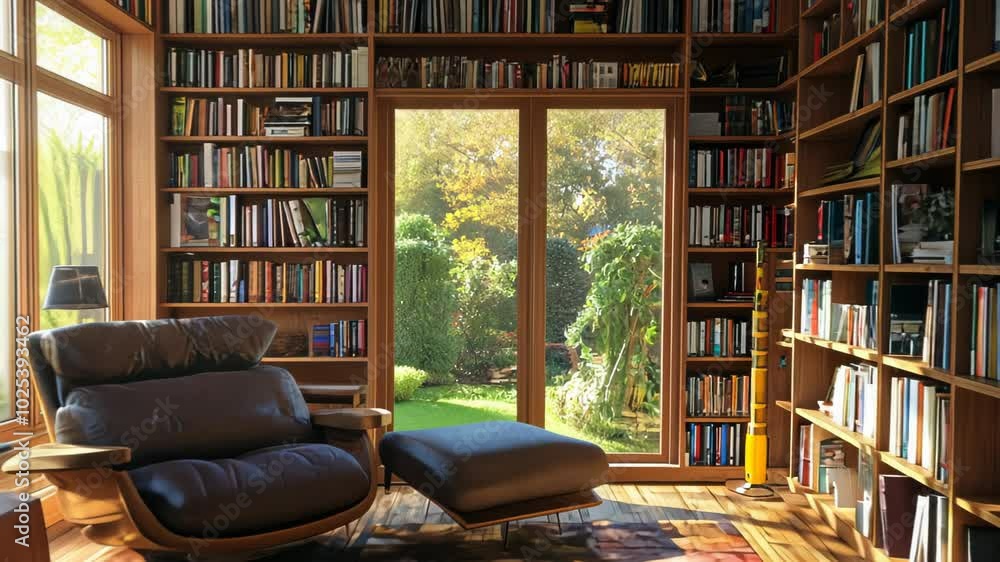 Cozy reading nook in a library with wooden shelves and large windows overlooking greenery. Cozy reading nook in a library with wooden shelves and large windows overlooking greenery.