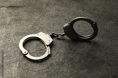 Classic chain handcuffs on grey table, closeup photo