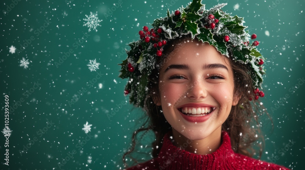 Joyful woman wearing a festive Christmas wreath on her head smiles brightly against a green background with falling snowflakes Joyful woman wearing a festive Christmas wreath on her head smiles brightly against a green background with falling snowflakes