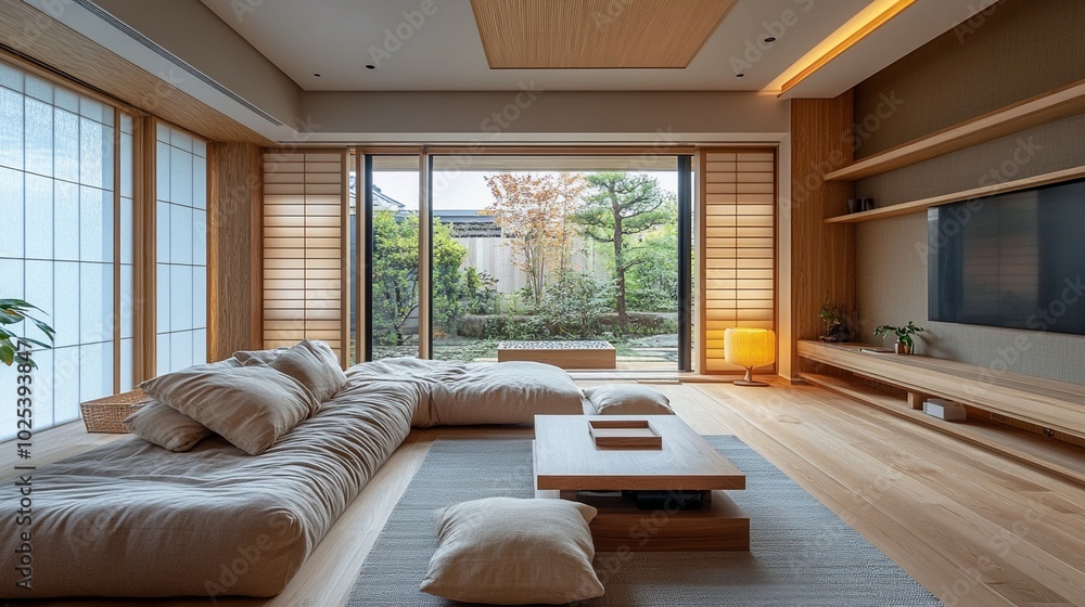 Naklejka premium Minimalist Japandi living room with a large window and wooden floor, creating a serene and spacious atmosphere.