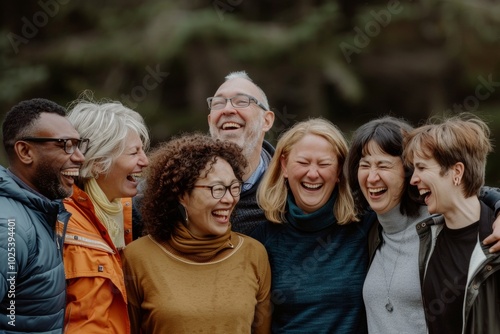 Group of diverse friends laughing together in the park. Multiethnic group of people having fun outdoors.