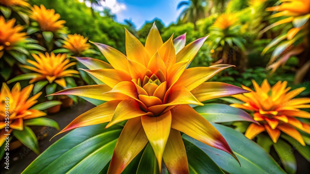 Close up image of yellow bromeliad flower with green leaves in background Close up image of yellow bromeliad flower with green leaves in background