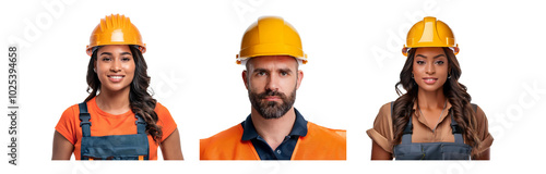 Three diverse people wearing yellow hard hats and work clothes are isolated against a white background.