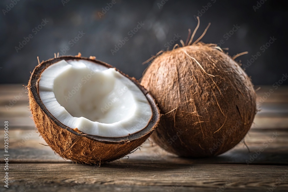 Close up of a half eaten coconut and a whole coconut Close up of a half eaten coconut and a whole coconut