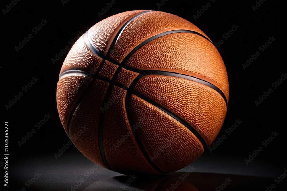 Close up of basketball ball in medium shot on black background Close up of basketball ball in medium shot on black background