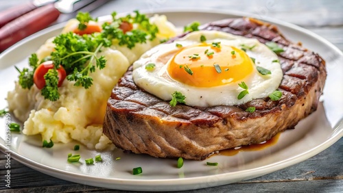 Wallpaper Mural Close up of beef steak with fried egg and mashed potato on a plate Torontodigital.ca