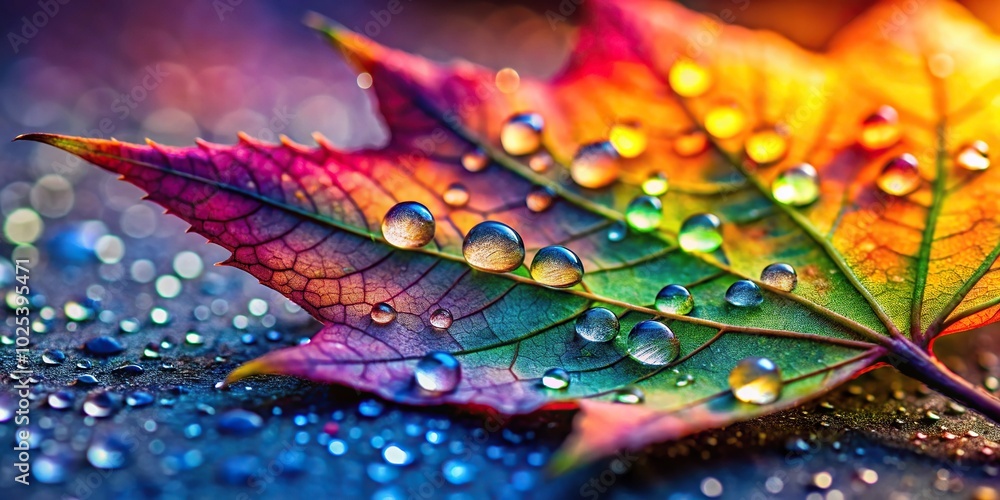 Fototapeta premium Close up of colorful leaf with water droplets, showcasing depth of field