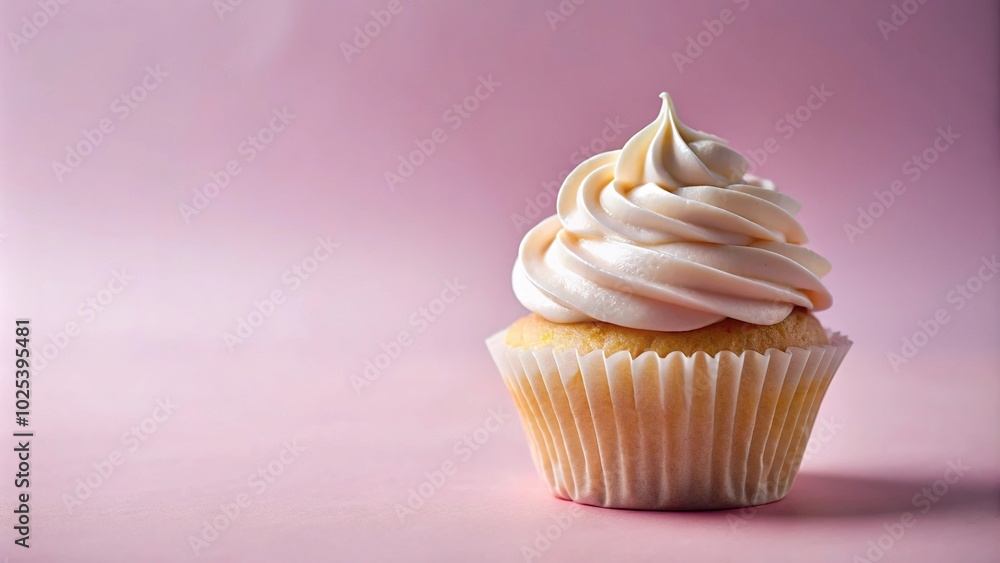 Close up of cupcake with white and light pink frosting in fisheye perspective Close up of cupcake with white and light pink frosting in fisheye perspective