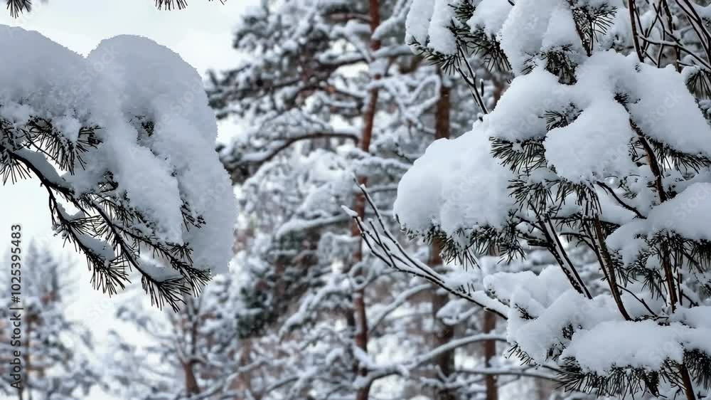 Snow-covered pine branches in a snowy forest during winter Snow-covered pine branches in a snowy forest during winter