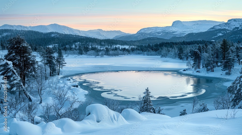 Fototapeta premium A serene winter landscape featuring a frozen lake surrounded by snow-covered mountains.