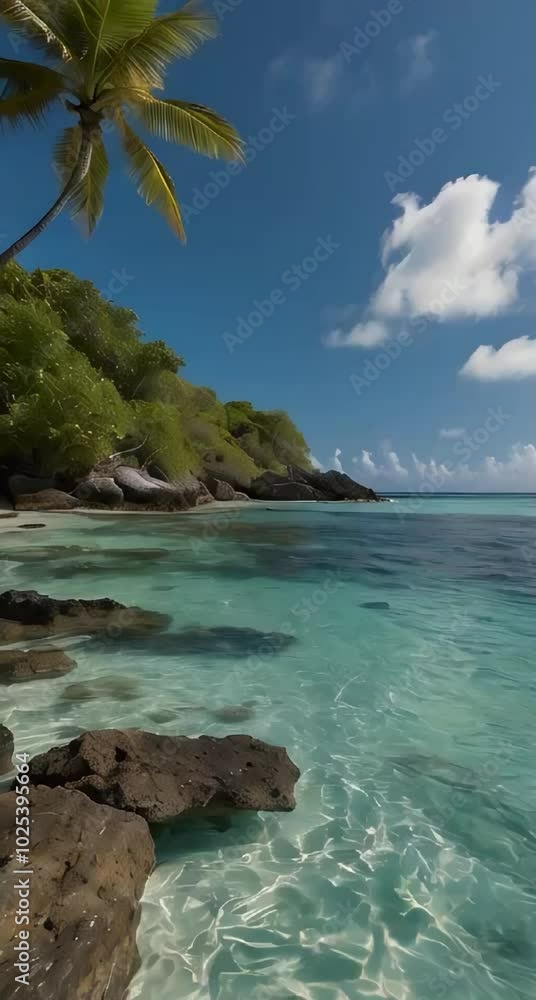 A beautiful island under bright clouds, clear water and coconut trees and other trees beside it.