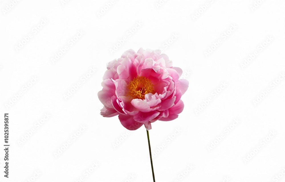 A single pink peony with a yellow center is isolated on a white background. A single pink peony with a yellow center is isolated on a white background.