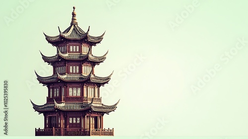 Wallpaper Mural A traditional Chinese pagoda with a red wooden structure and multiple tiers against a light blue sky. Torontodigital.ca