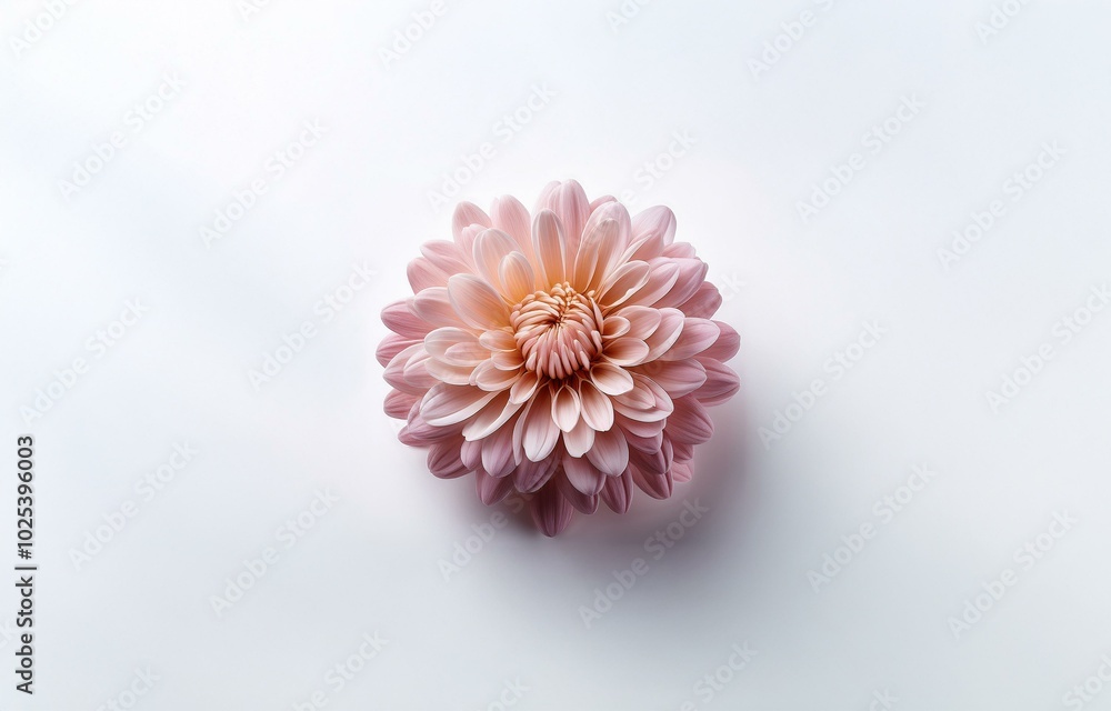 A single pink flower with many petals is centered against a white background. A single pink flower with many petals is centered against a white background.