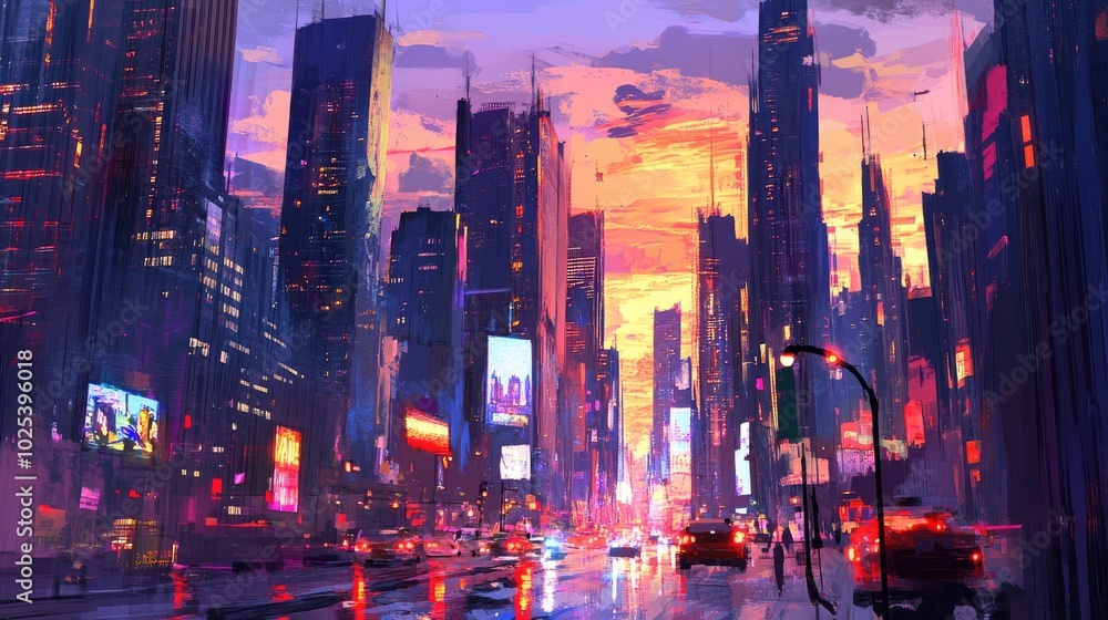 A dynamic urban skyline at dusk, with glowing skyscrapers reflecting sunset hues, busy streets filled with movement and colorful city lights A dynamic urban skyline at dusk, with glowing skyscrapers reflecting sunset hues, busy streets filled with movement and colorful city lights