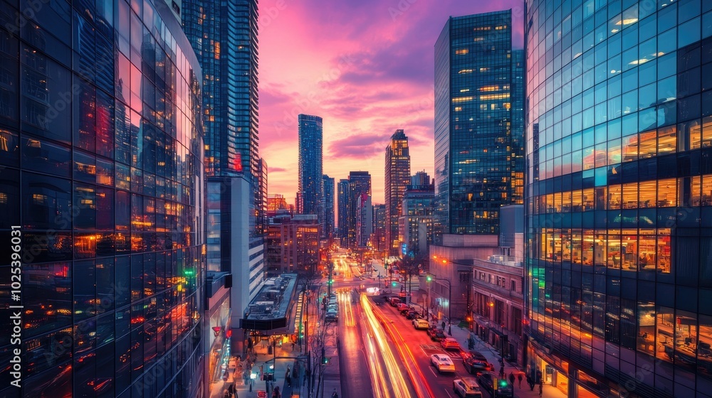 Obraz premium A lively cityscape at sunset, with tall glass skyscrapers and bustling streets glowing under the colorful lights, capturing the energy of the city