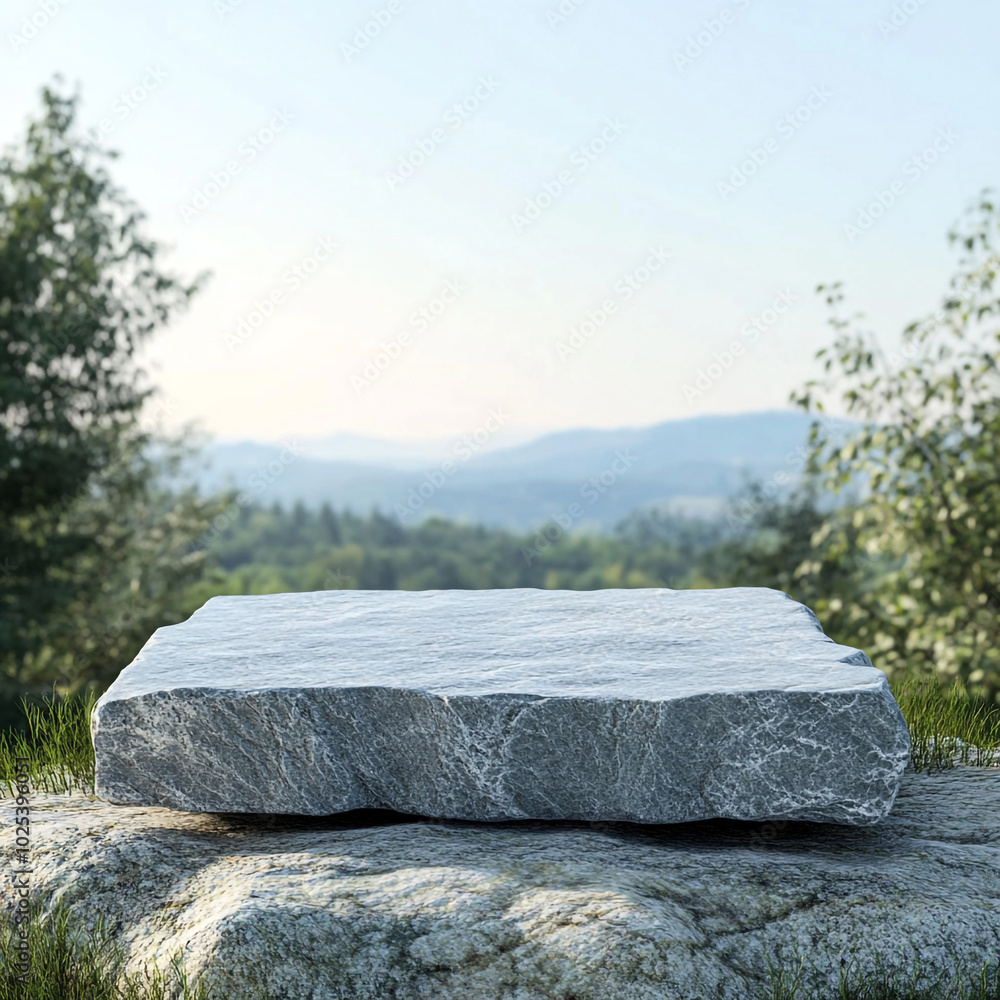 Flat Stone Podium on Rocky Platform for Product Presentation, Set Against Lush Forest and Blue Horizon in Soft Natural Light Flat Stone Podium on Rocky Platform for Product Presentation, Set Against Lush Forest and Blue Horizon in Soft Natural Light