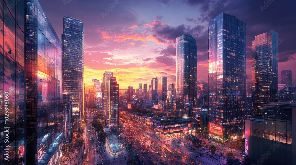 A lively cityscape at sunset, with tall glass skyscrapers and bustling streets glowing under the colorful lights, capturing the energy of the city A lively cityscape at sunset, with tall glass skyscrapers and bustling streets glowing under the colorful lights, capturing the energy of the city