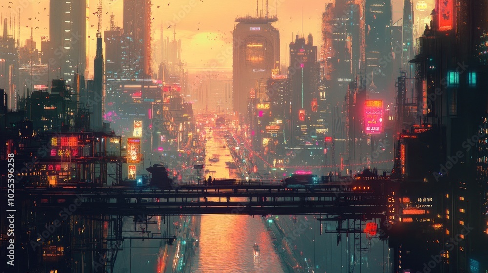 A sunset cityscape with towering buildings and bustling streets, colorful lights illuminating the scene as the city comes alive A sunset cityscape with towering buildings and bustling streets, colorful lights illuminating the scene as the city comes alive