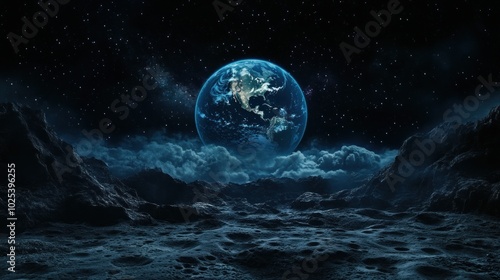 A view of planet Earth from the surface of the moon, showing a dark blue planet with clouds and continents against a backdrop of a starry night sky.