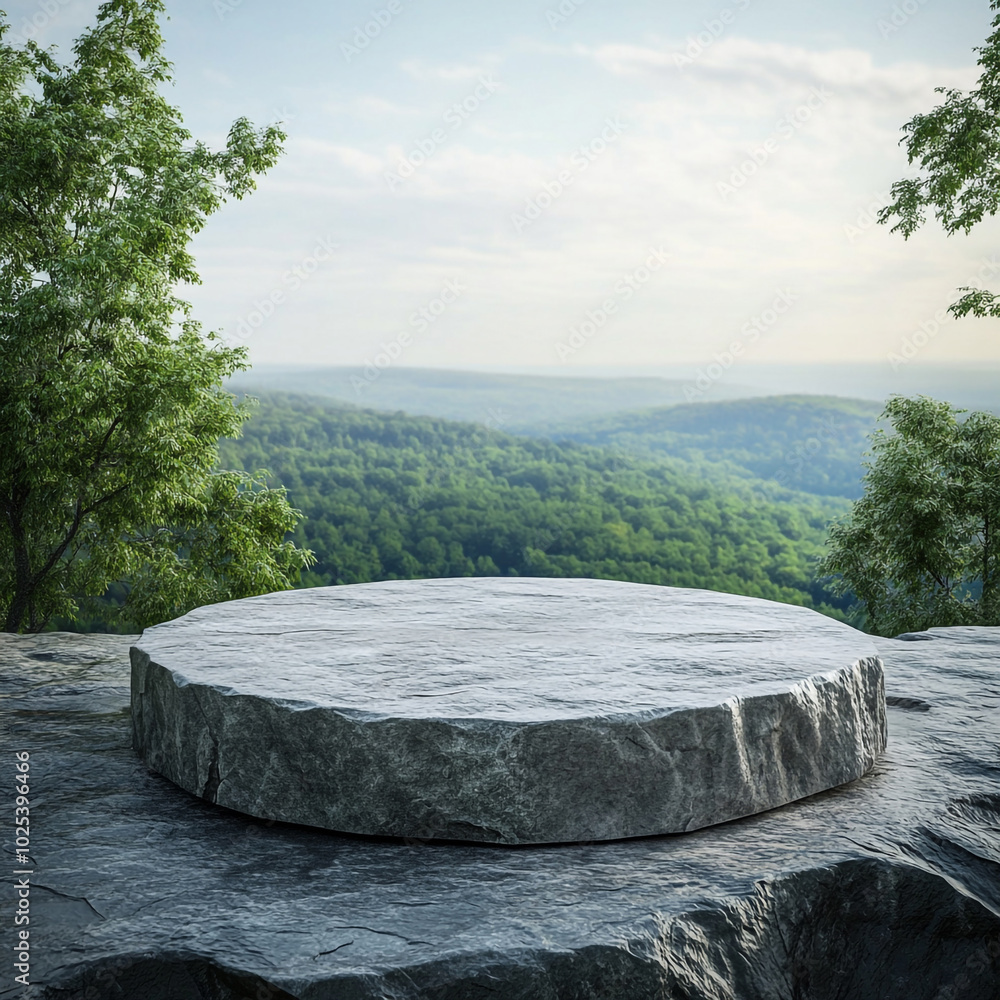 3D Stone Podium on Rock Platform,Perfect for Product Display in a Serene Green Forest with Blue Horizon and Soft Daylight 3D Stone Podium on Rock Platform,Perfect for Product Display in a Serene Green Forest with Blue Horizon and Soft Daylight