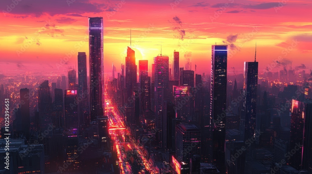 Fototapeta premium A breathtaking sunset cityscape with high-rise buildings and busy streets, vibrant lights reflecting off the glass skyscrapers as the sun sets