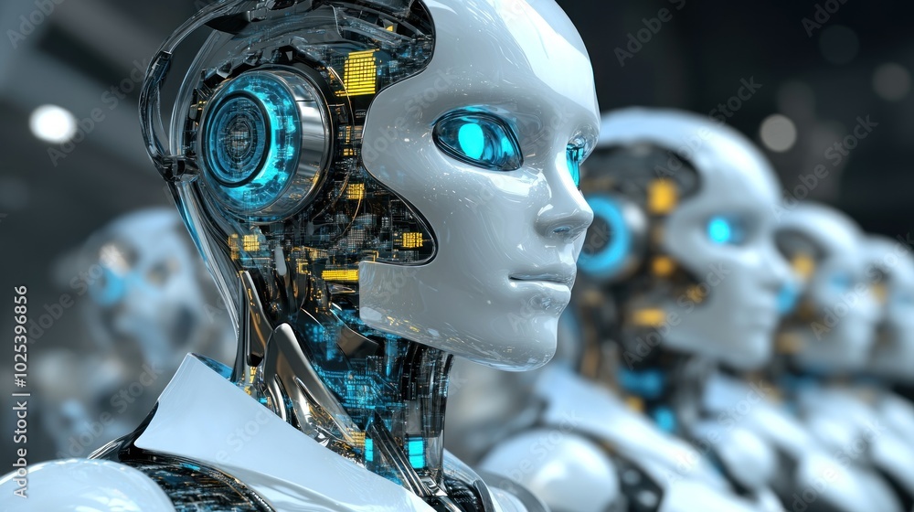 Close-up of a White Robot's Head with Blue and Yellow Circuits Close-up of a White Robot's Head with Blue and Yellow Circuits
