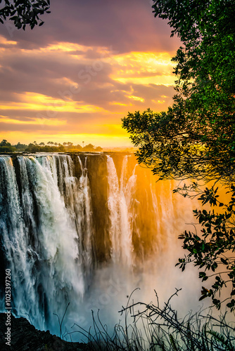 Golden Falls and Colorful Sunset in Nature's Lap