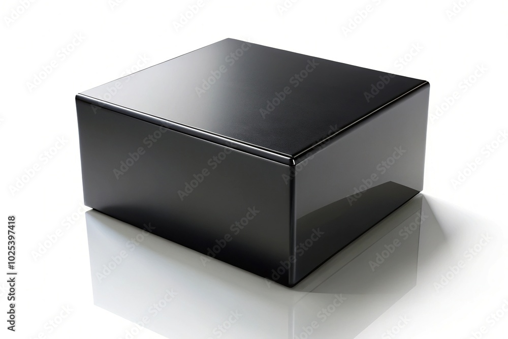 Closed black box with white background and drop shadow in aerial view Closed black box with white background and drop shadow in aerial view