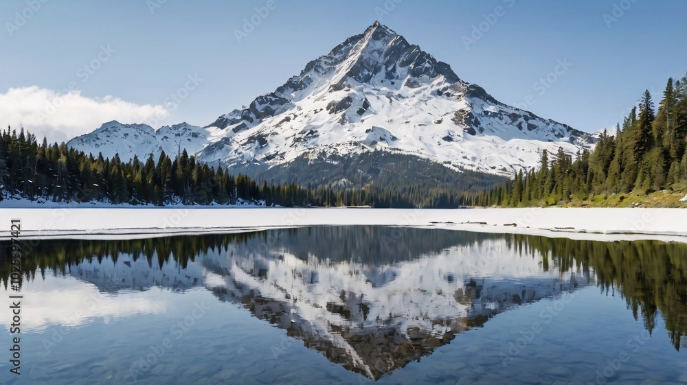 snowy mountain peak reflected in an alpine lake snowy mountain peak reflected in an alpine lake