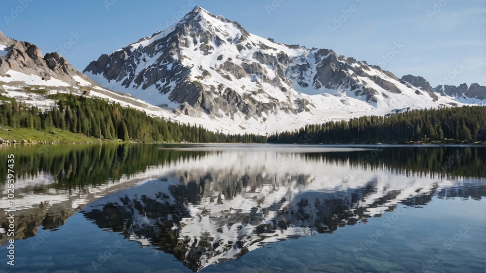 snowy mountain peak reflected in an alpine lake snowy mountain peak reflected in an alpine lake