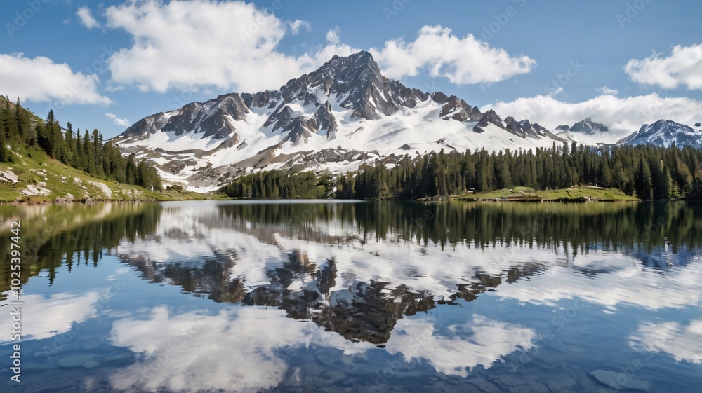 snowy mountain peak reflected in an alpine lake snowy mountain peak reflected in an alpine lake