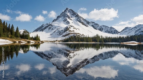 snowy mountain peak reflected in an alpine lake