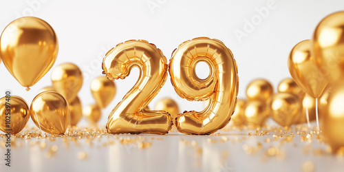 Golden balloons, in white room in the shape of the number 29 with confetti for birthday celebrations photo